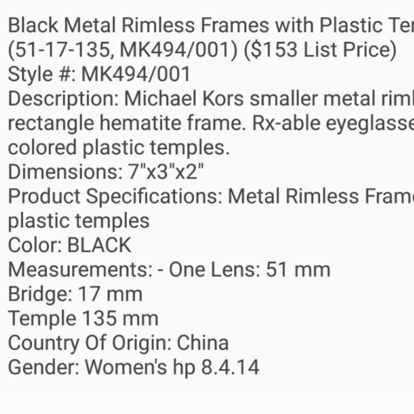 Michael Kors Black Metal Rimless FRAME only